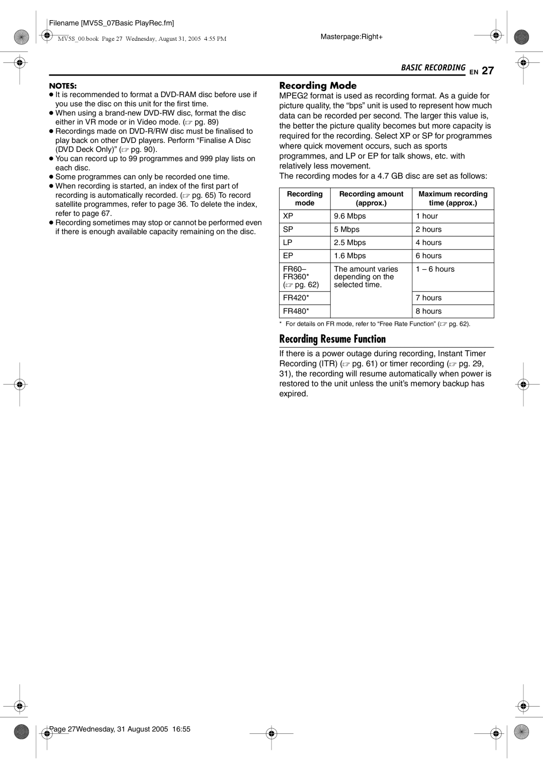 JVC DR-MV5BE manual Recording Resume Function, Recording Mode, Recording Recording amount, Mode Approx Time approx 