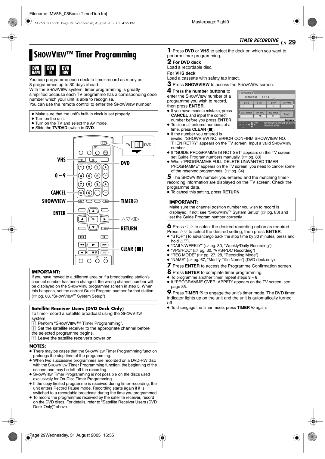 JVC DR-MV5BE manual VHS DVD Cancel Showview Timer Enter Return, Clear, Satellite Receiver Users DVD Deck Only 