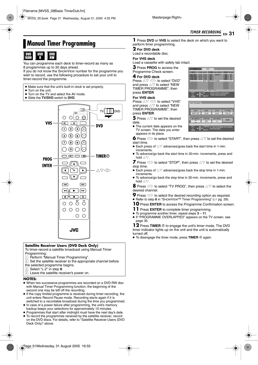 JVC DR-MV5BE manual Manual Timer Programming, DVD Timer, For DVD deck 