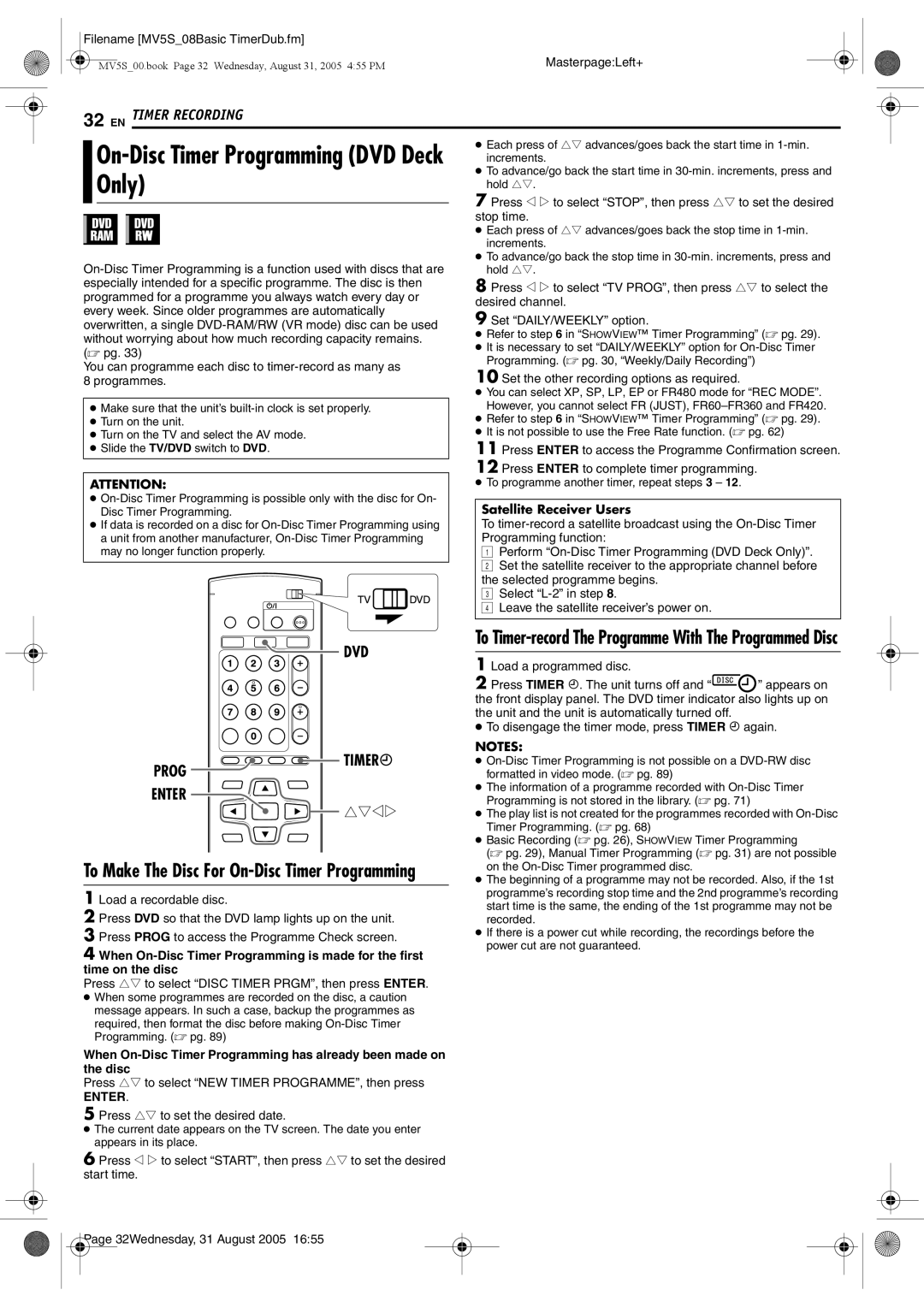 JVC DR-MV5BE manual Only, On-Disc Timer Programming DVD Deck, To Make The Disc For On-Disc Timer Programming 