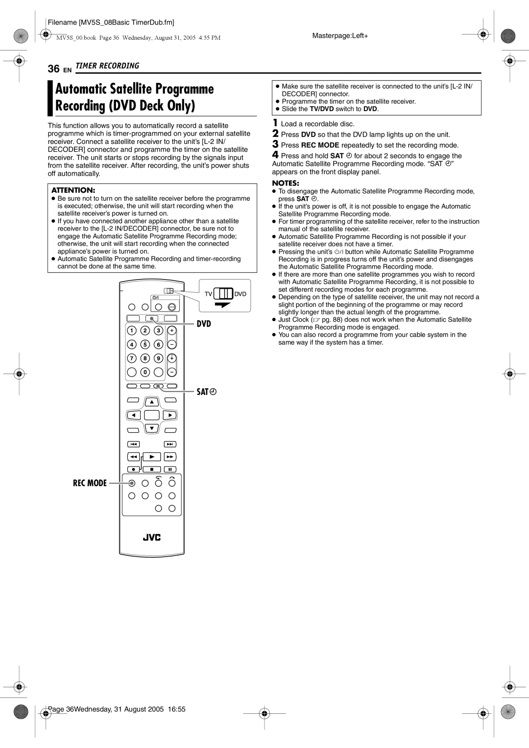 JVC DR-MV5BE manual Recording DVD Deck Only, Sat, REC Mode 