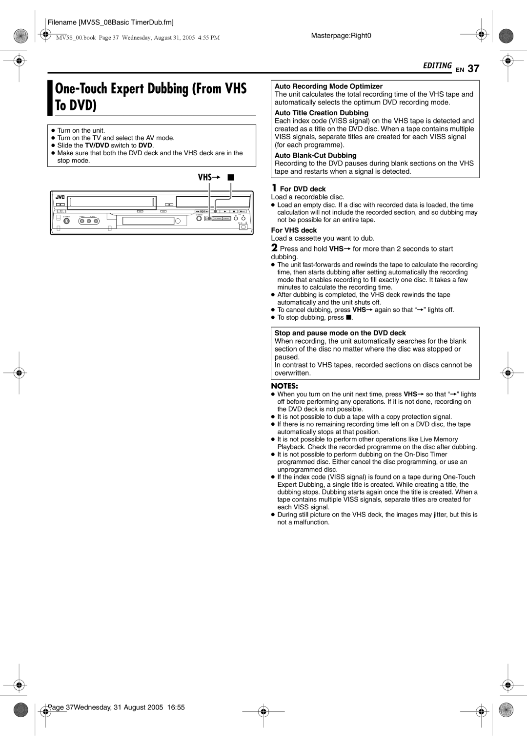 JVC DR-MV5BE manual To DVD, Auto Recording Mode Optimizer, Auto Title Creation Dubbing, Auto Blank-Cut Dubbing 