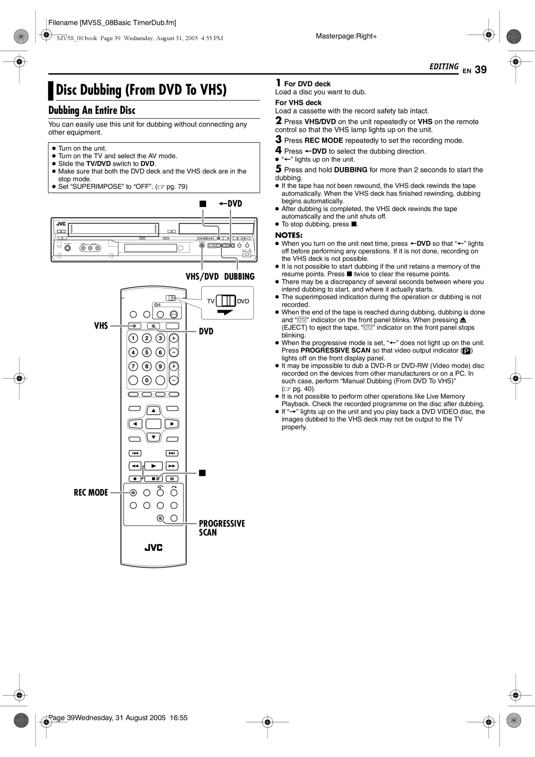 JVC DR-MV5BE manual Dubbing An Entire Disc, VHS/DVD Dubbing, REC Mode Progressive Scan 