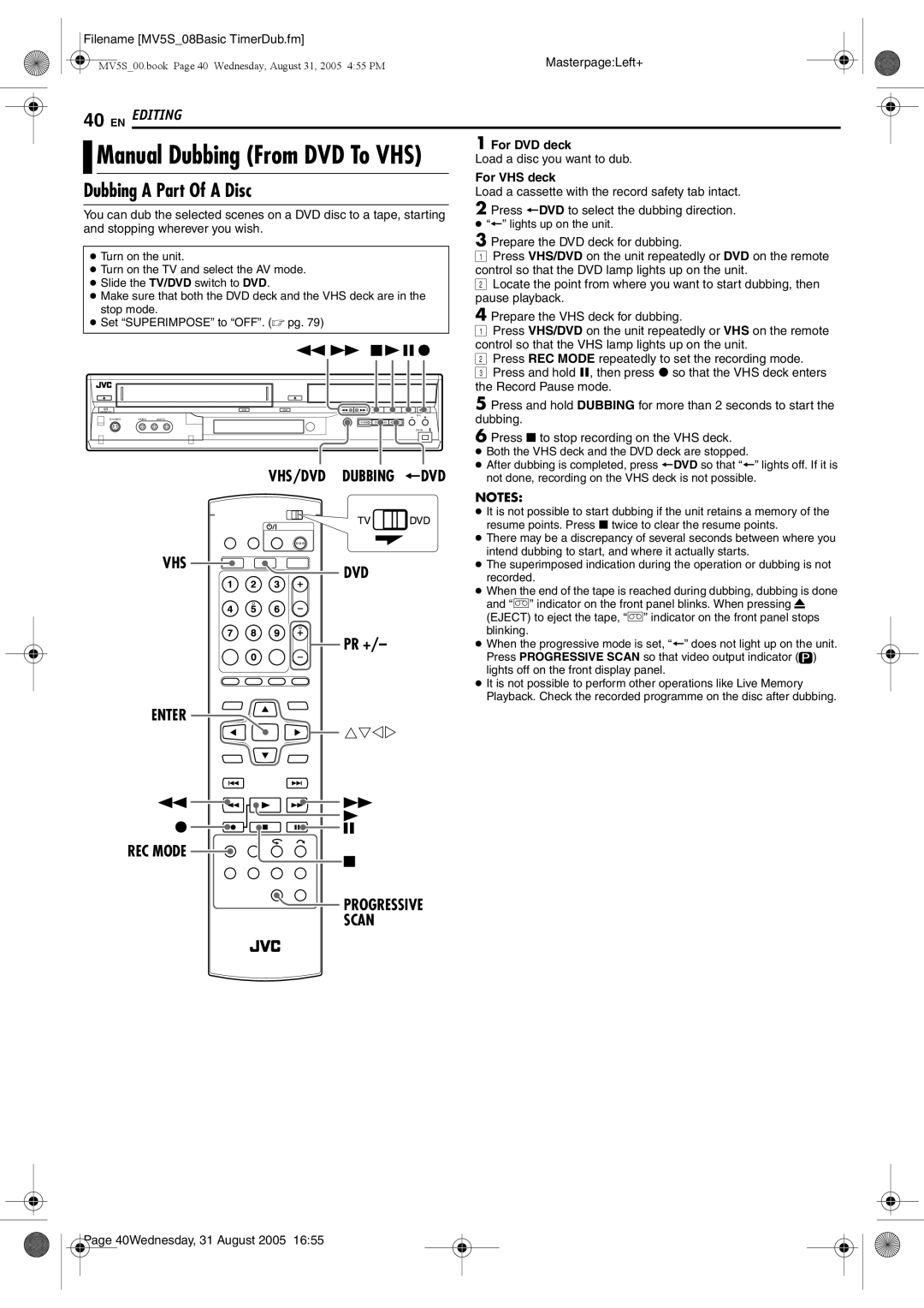 JVC DR-MV5BE manual Dubbing a Part Of a Disc, Pr +, Enter REC Mode 