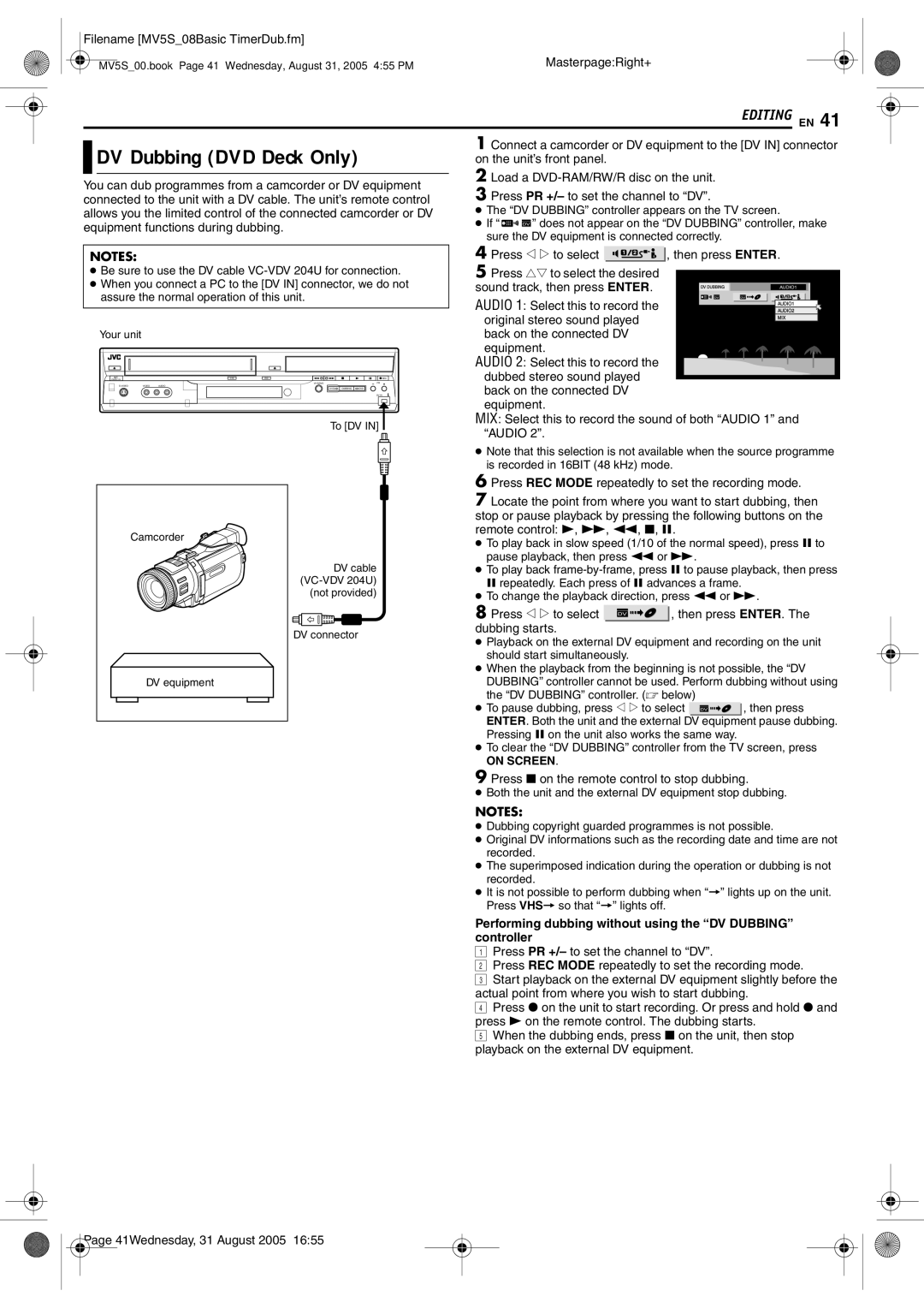 JVC DR-MV5BE manual DV Dubbing DVD Deck Only, Performing dubbing without using the DV Dubbing controller 