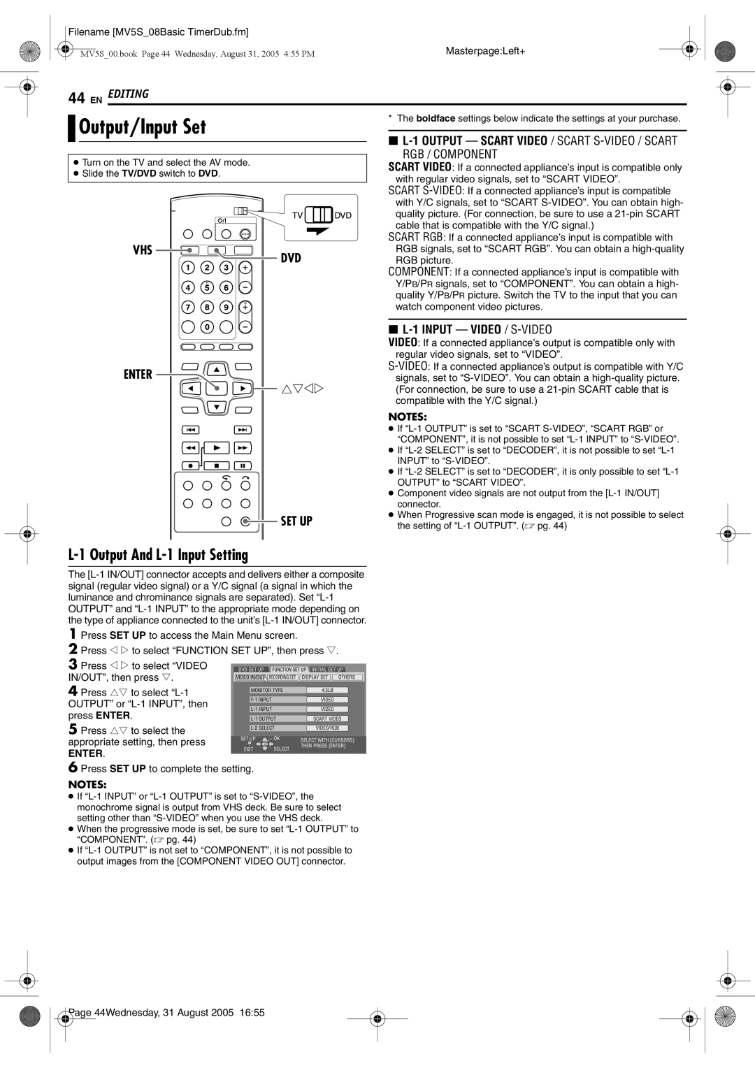 JVC DR-MV5BE manual Output/Input Set, Output And L-1 Input Setting 