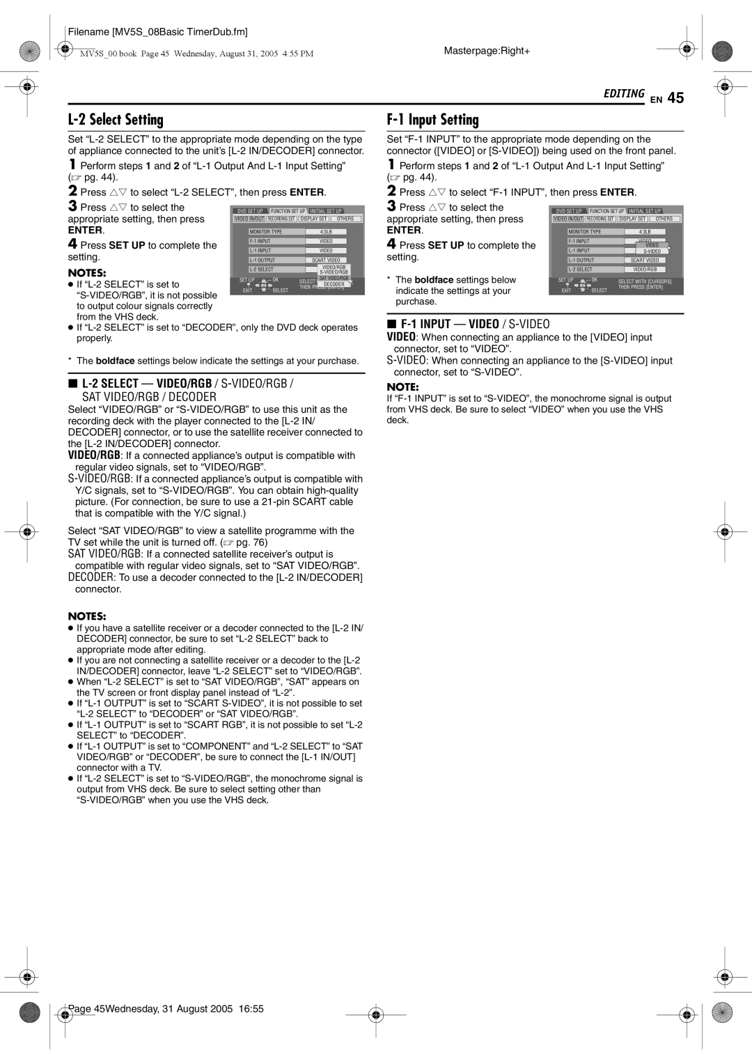 JVC DR-MV5BE manual Select Setting, Input Setting 