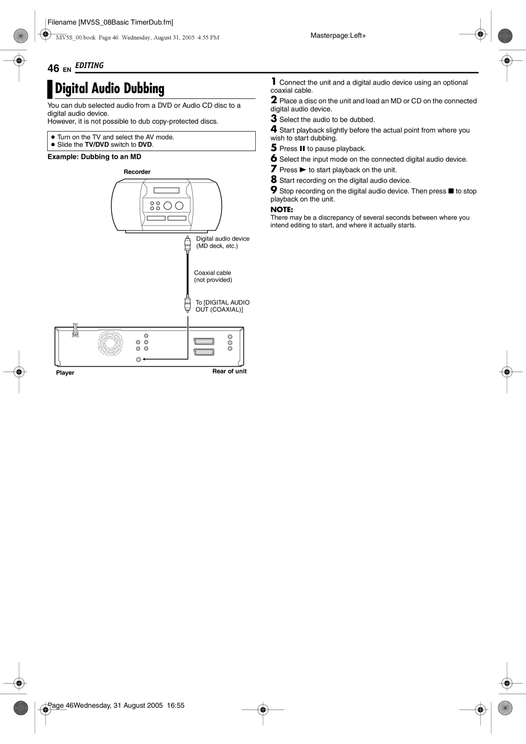 JVC DR-MV5BE manual Digital Audio Dubbing, Example Dubbing to an MD 