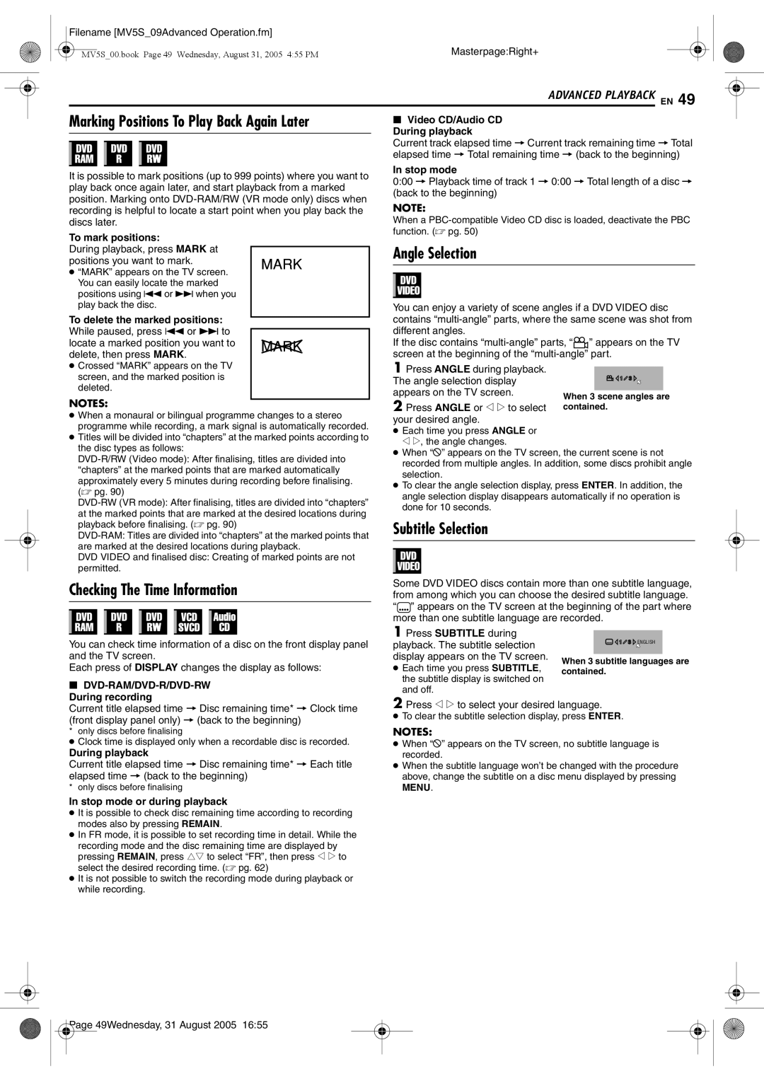 JVC DR-MV5BE manual Angle Selection, Subtitle Selection Checking The Time Information 