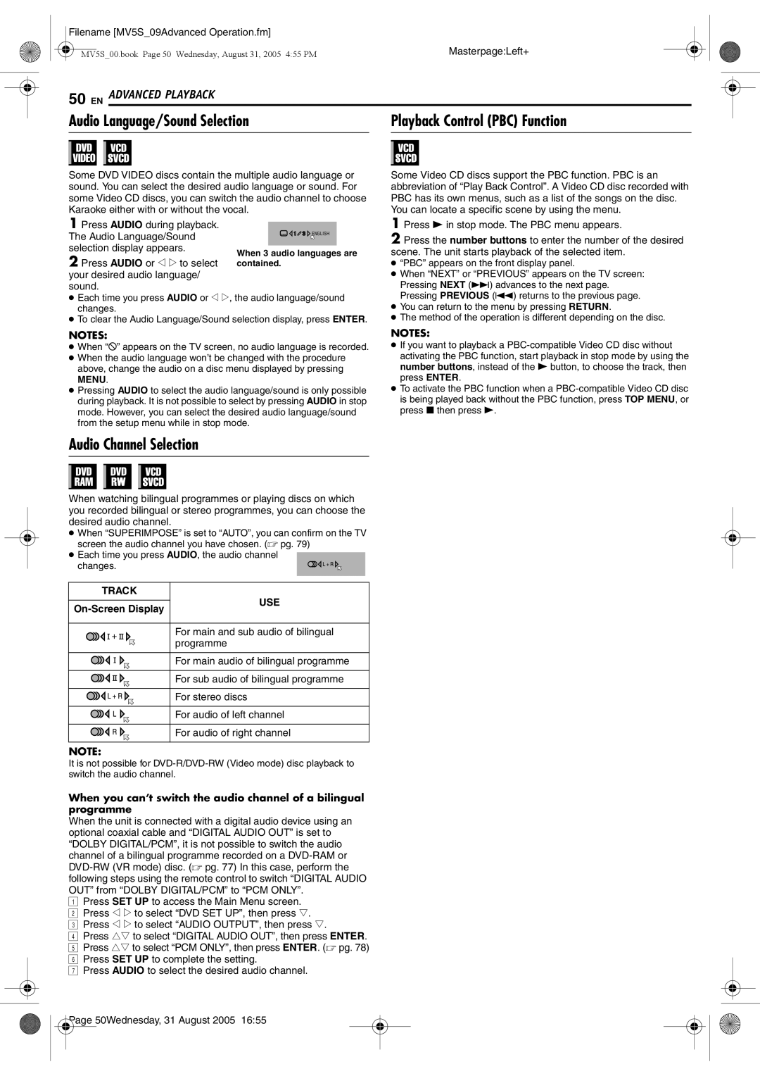 JVC DR-MV5BE manual Audio Channel Selection, Selection display appears, Press Audio or w e to select, On-Screen Display 