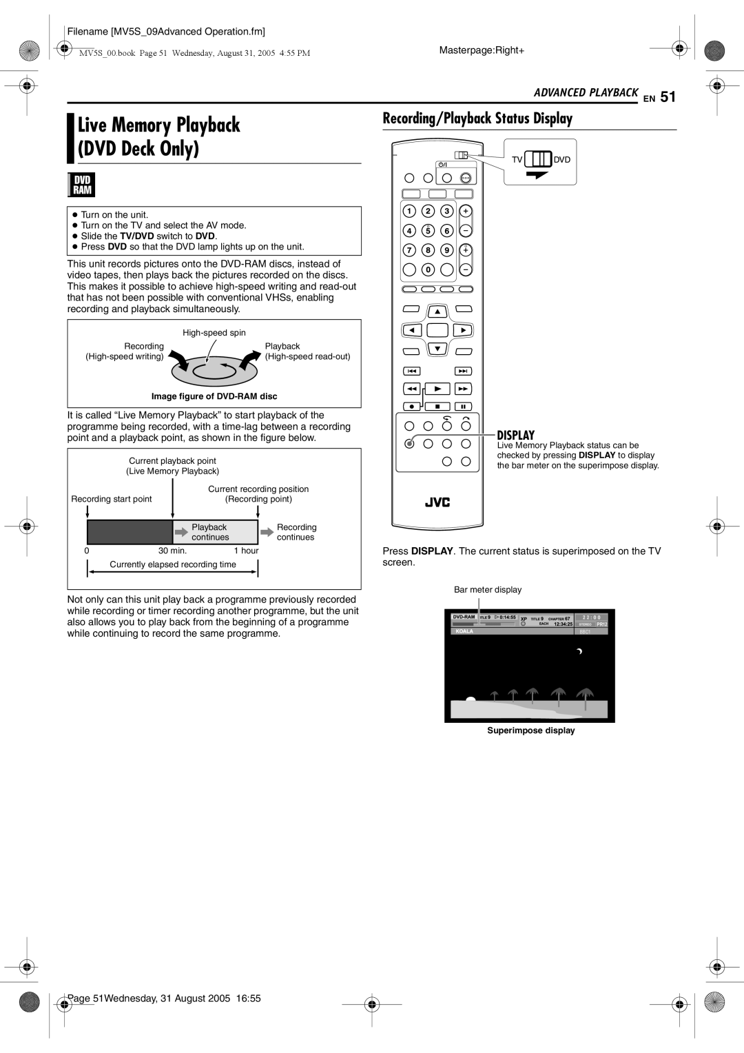 JVC DR-MV5BE manual Recording/Playback Status Display 