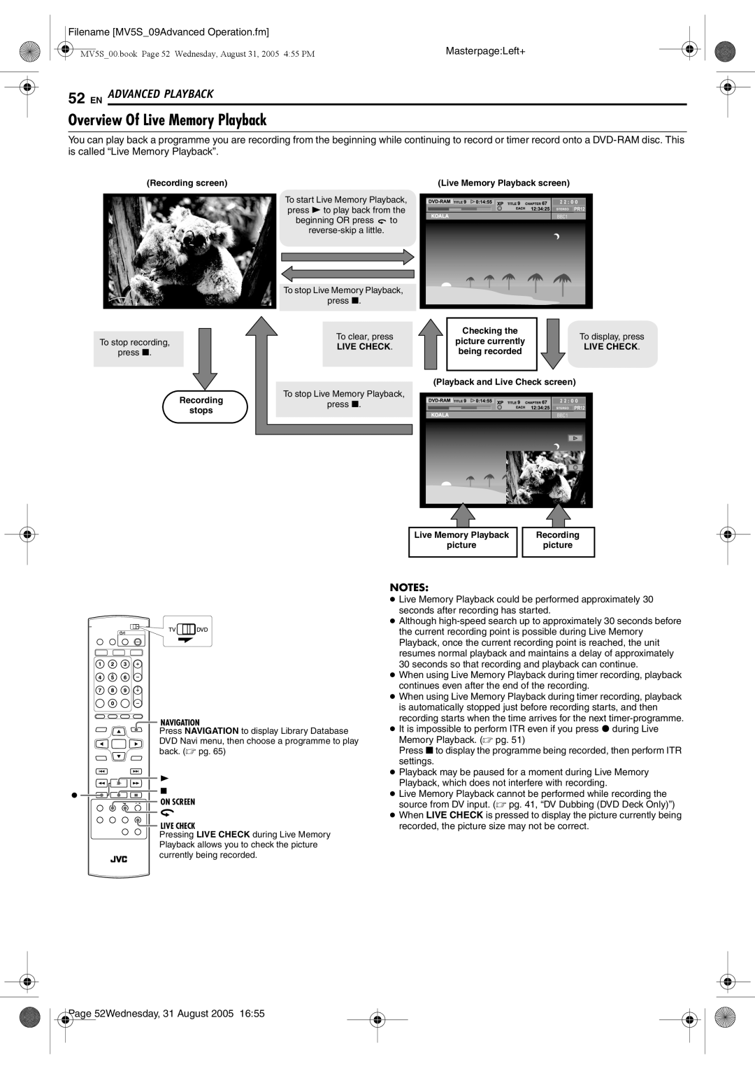 JVC DR-MV5BE manual Overview Of Live Memory Playback, Recording screen 