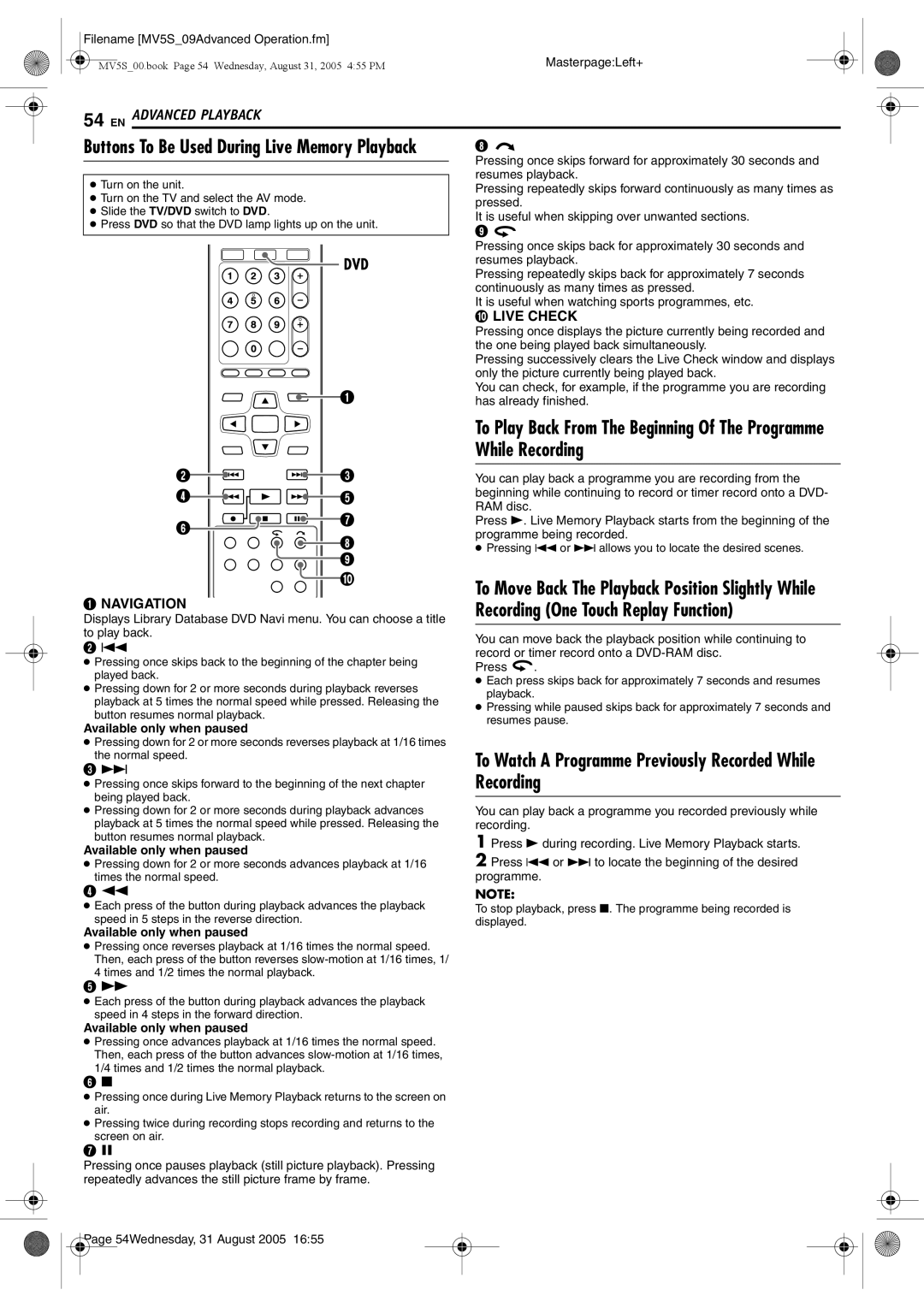 JVC DR-MV5BE To Watch a Programme Previously Recorded While Recording, Buttons To Be Used During Live Memory Playback 