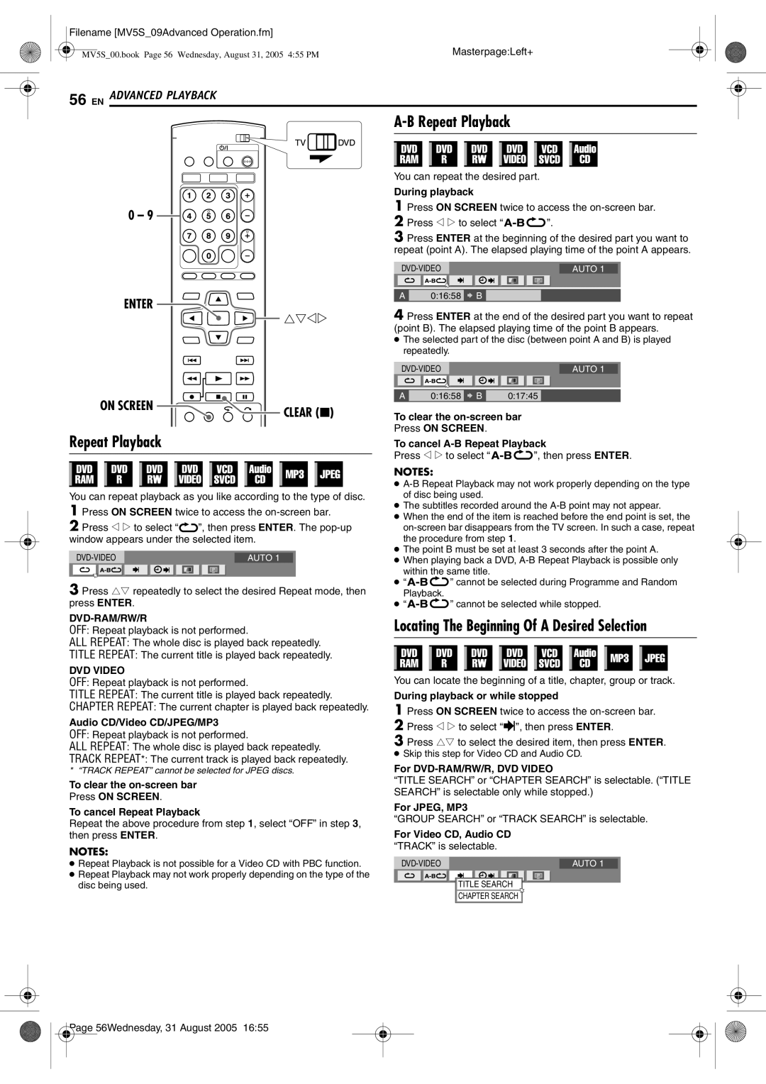 JVC DR-MV5BE manual Repeat Playback, Locating The Beginning Of a Desired Selection, Enter On Screen Clear 