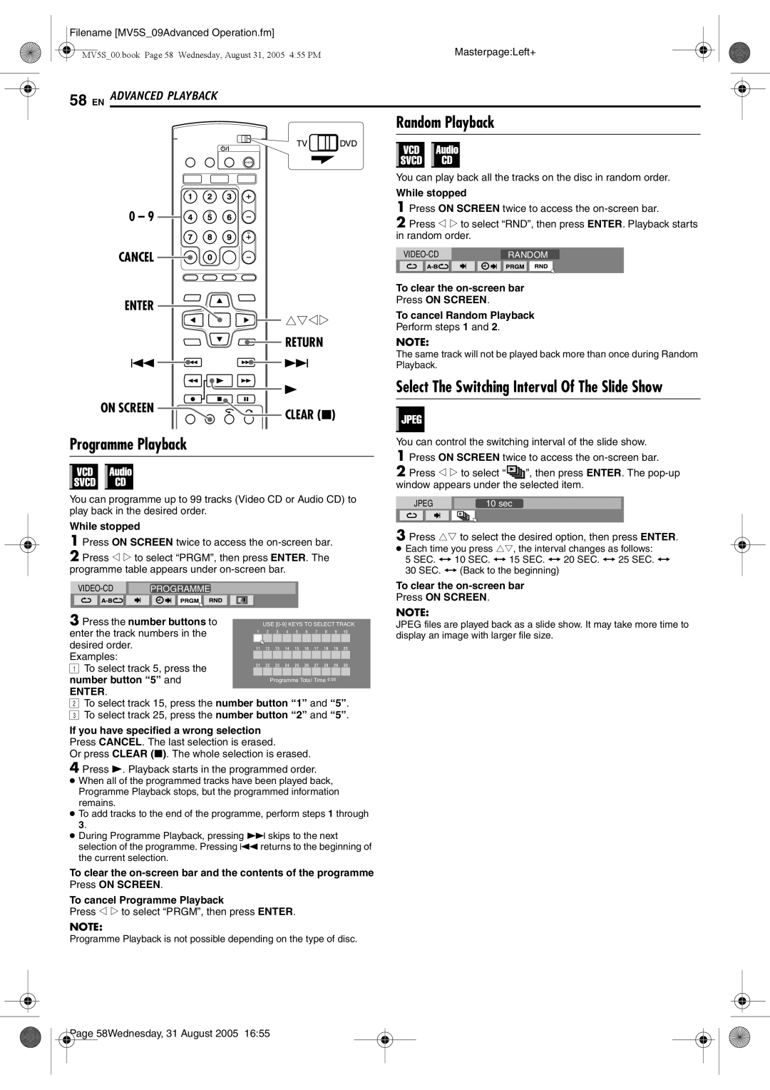 JVC DR-MV5BE manual Random Playback, Programme Playback, Select The Switching Interval Of The Slide Show, Cancel Enter 