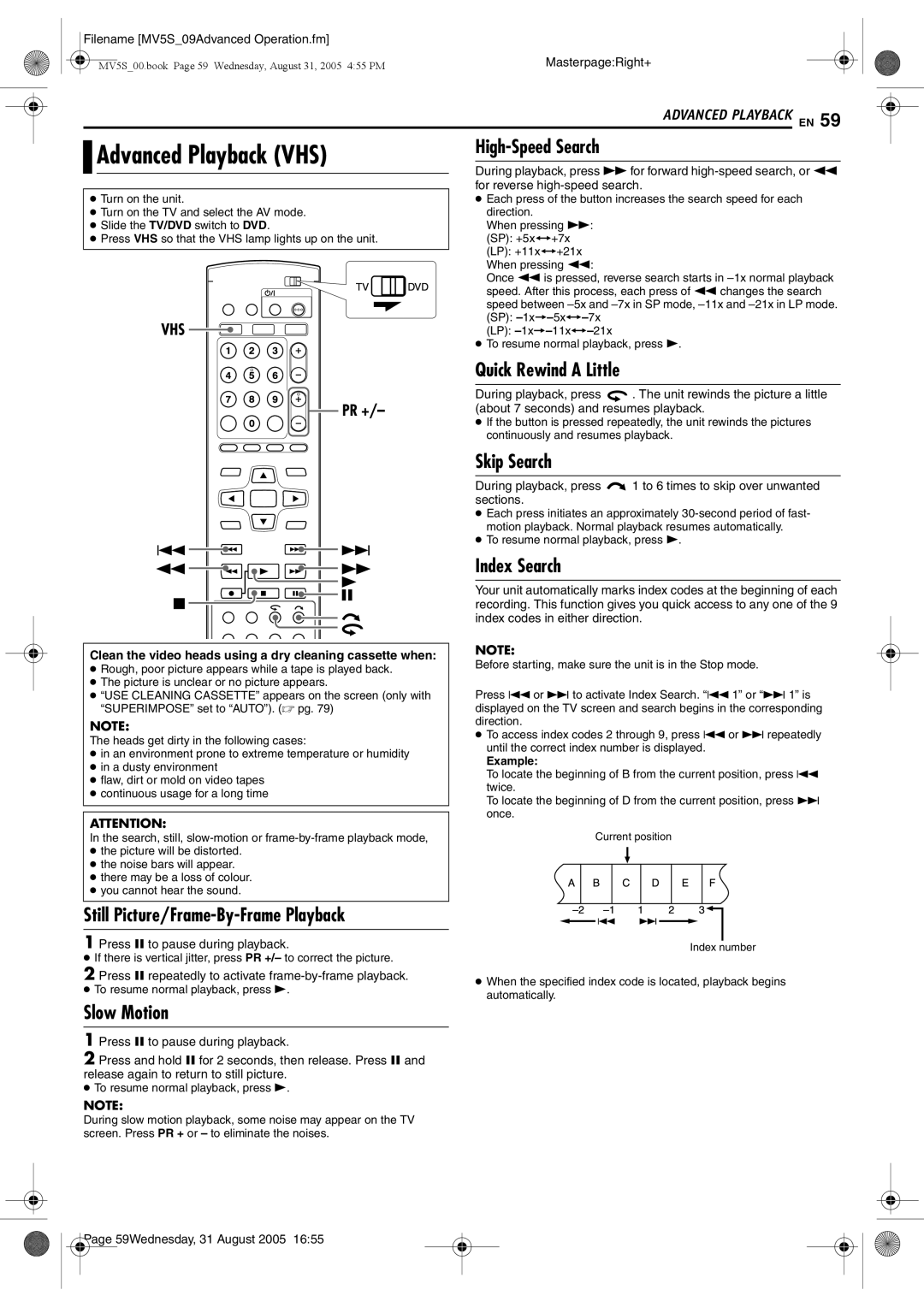 JVC DR-MV5BE manual Advanced Playback VHS, Quick Rewind a Little, Index Search, Press 9 to pause during playback 