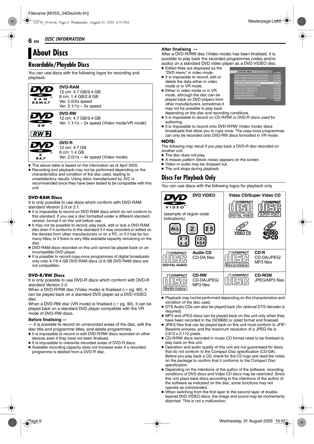 JVC DR-MV5BE manual About Discs, Recordable/Playable Discs, Discs For Playback Only, DVD-RAM Discs, DVD-R/RW Discs 