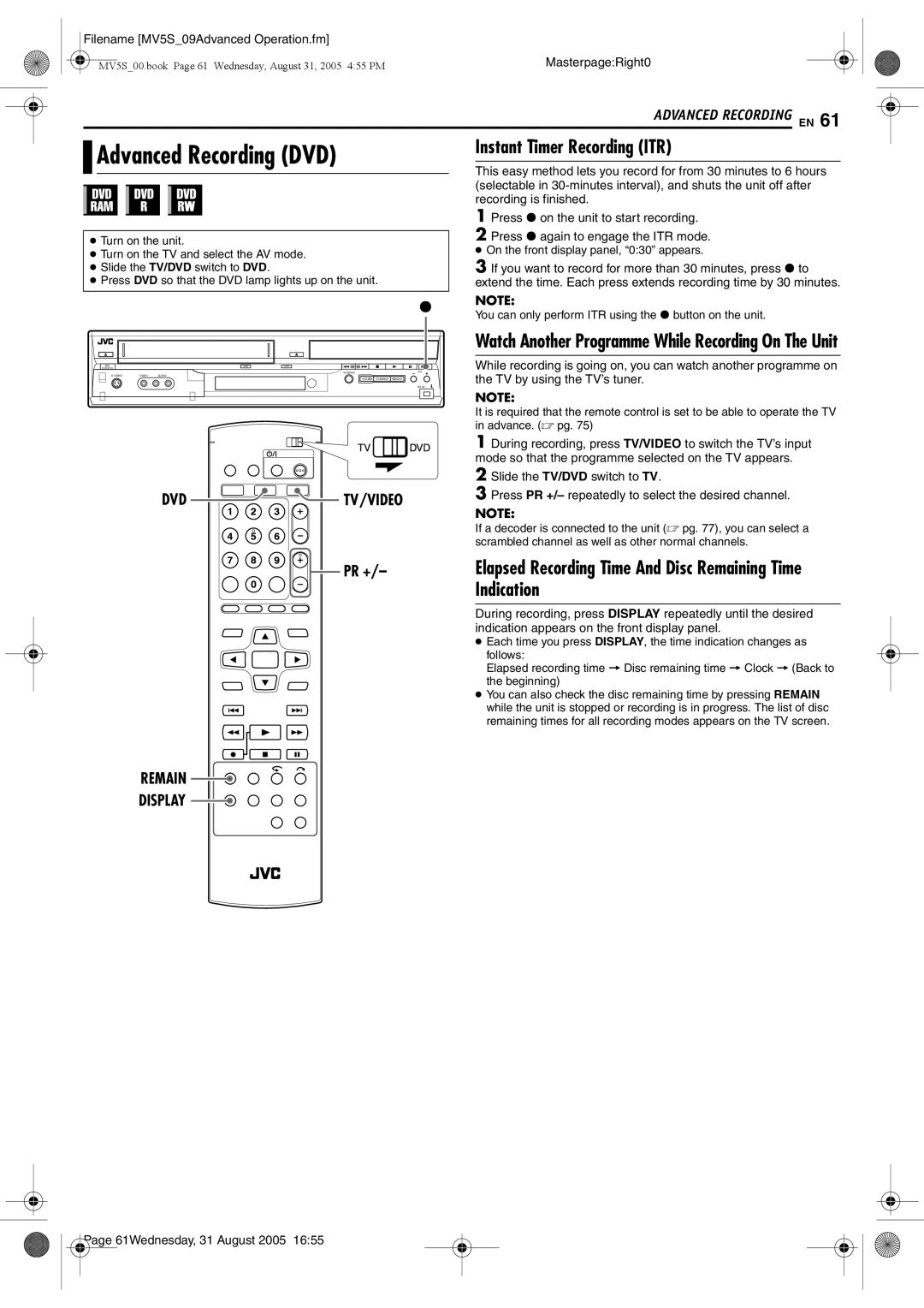 JVC DR-MV5BE manual Advanced Recording DVD, Instant Timer Recording ITR, Dvd Tv/Video, Remain Display 