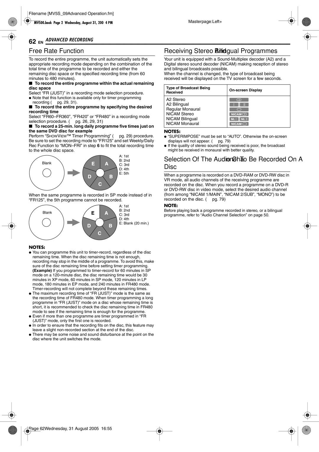 JVC DR-MV5BE manual Free Rate Function, Selection Of The Audio Channel To Be Recorded On a Disc 