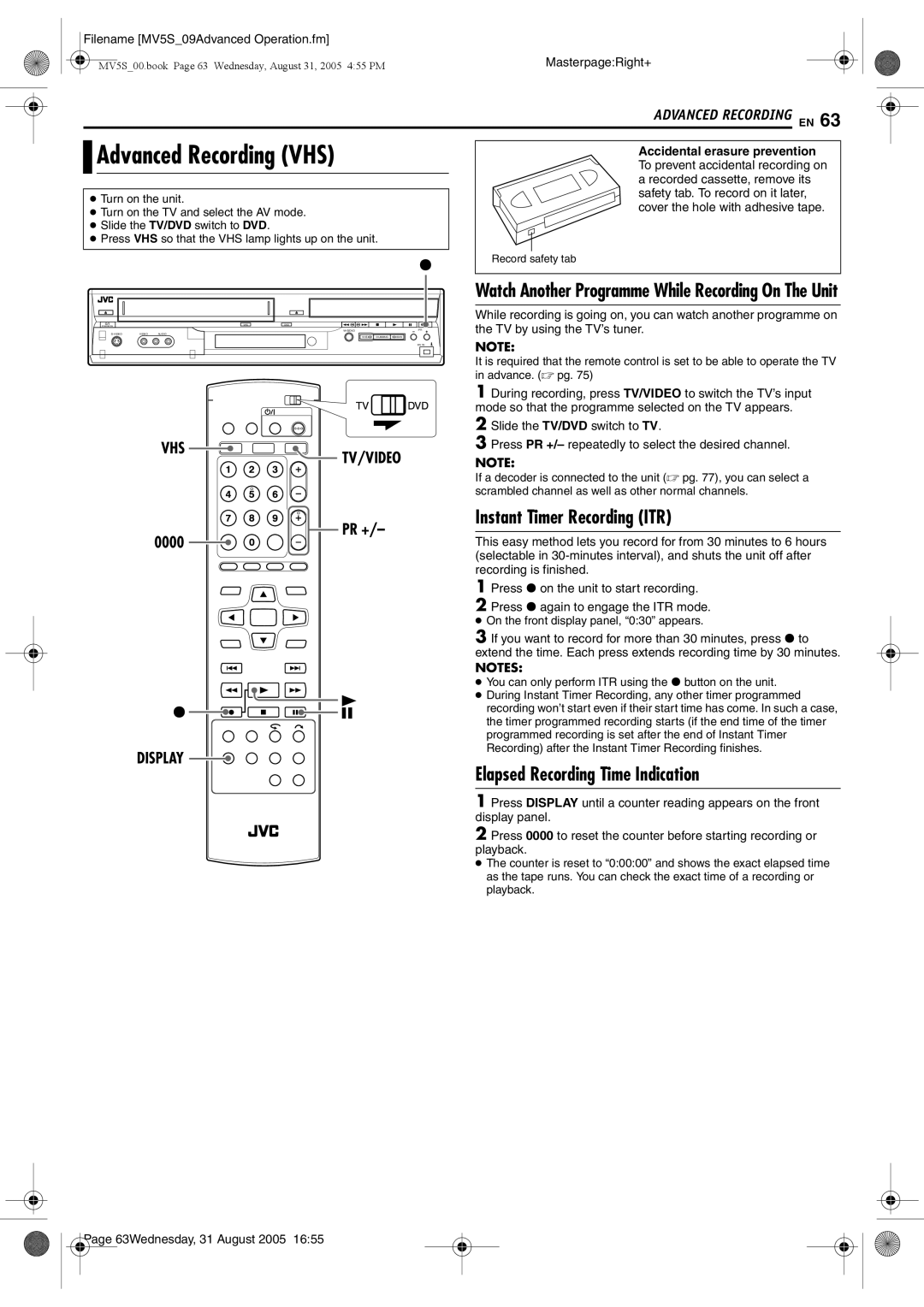 JVC DR-MV5BE manual Advanced Recording VHS, Elapsed Recording Time Indication, 0000, Accidental erasure prevention 