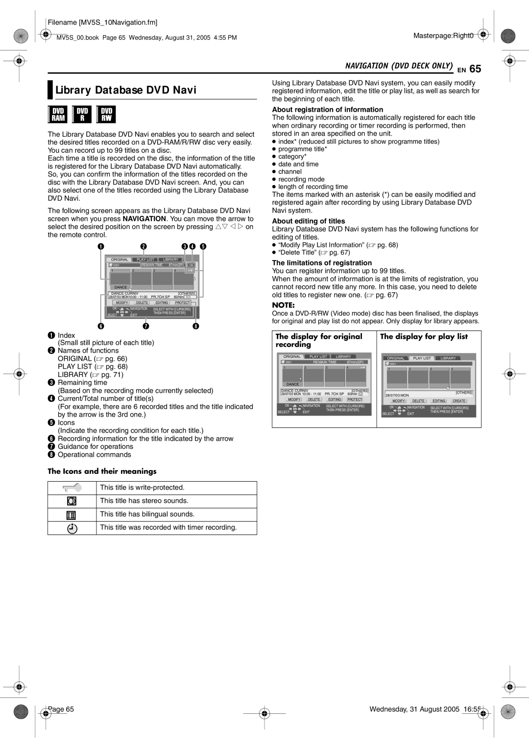 JVC DR-MV5BE Library Database DVD Navi, Display for original Display for play list Recording, Icons and their meanings 