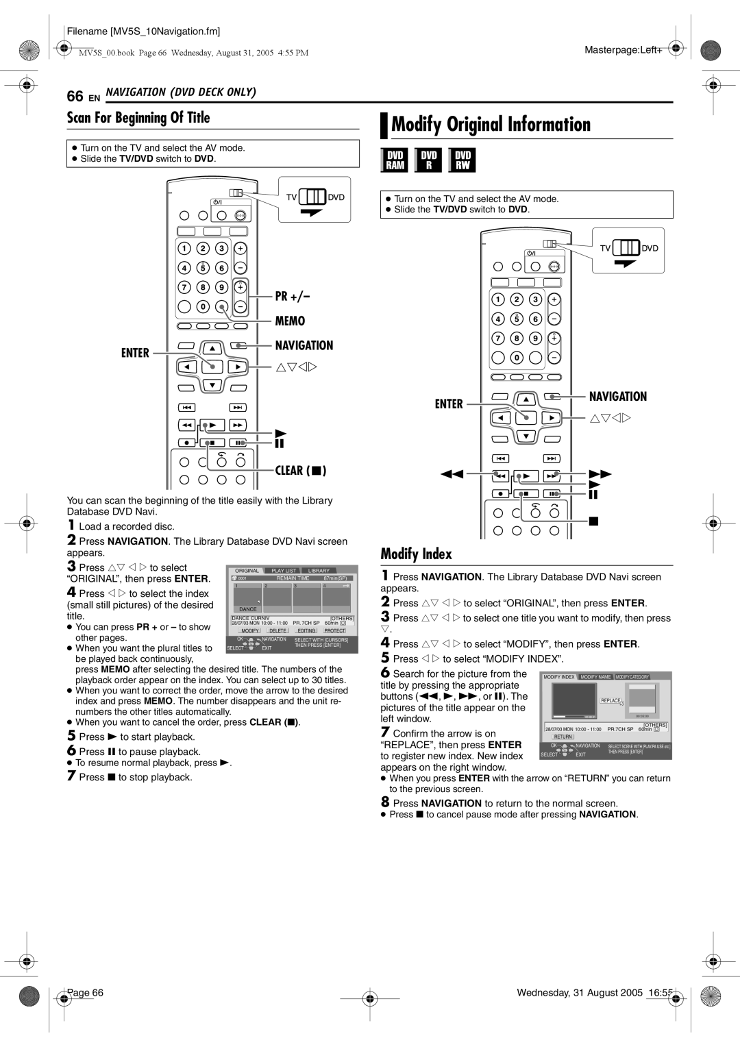 JVC DR-MV5BE manual Scan For Beginning Of Title, Modify Index, Memo Enter Navigation 