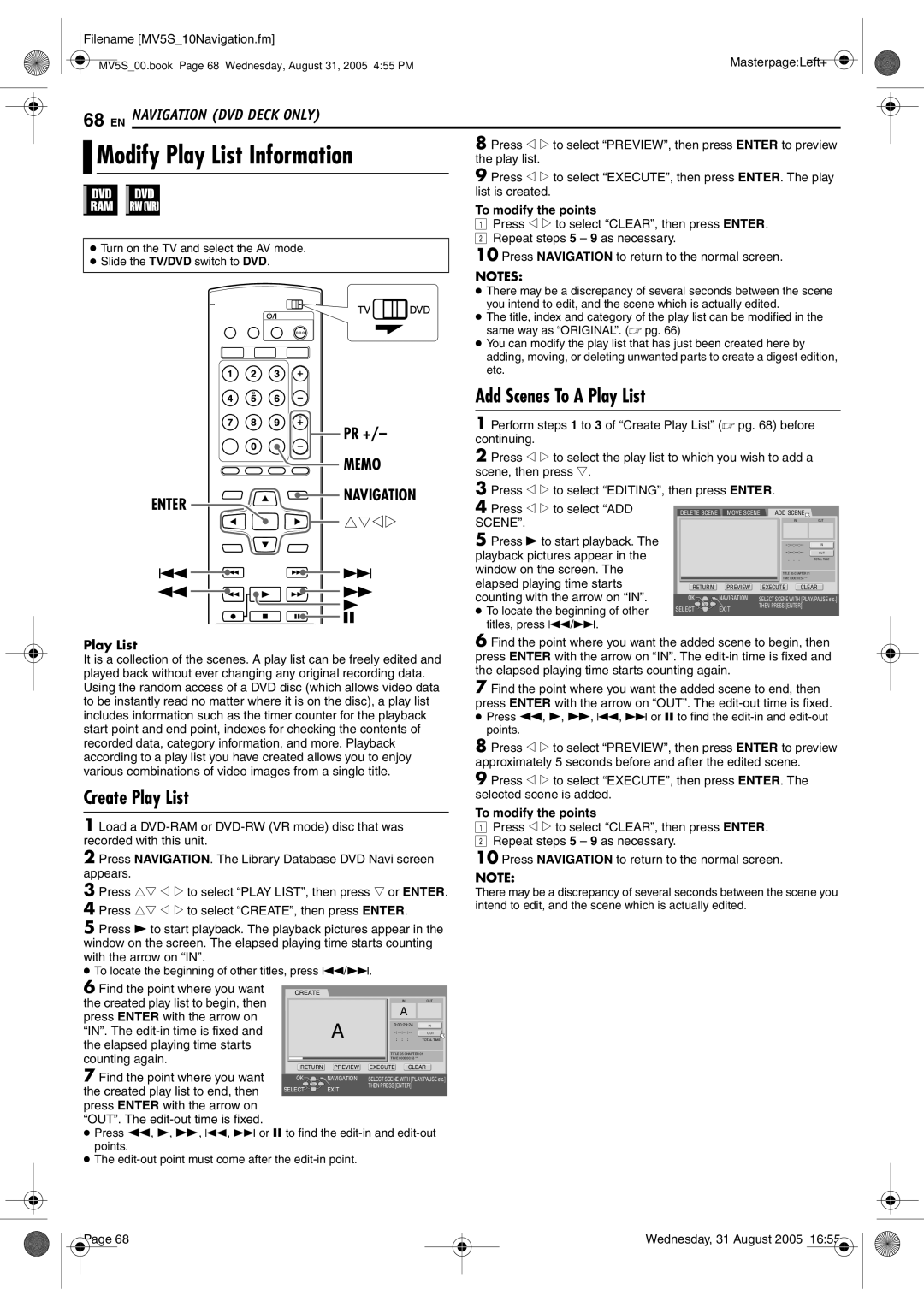 JVC DR-MV5BE manual Modify Play List Information, Add Scenes To a Play List, Create Play List, Memo 