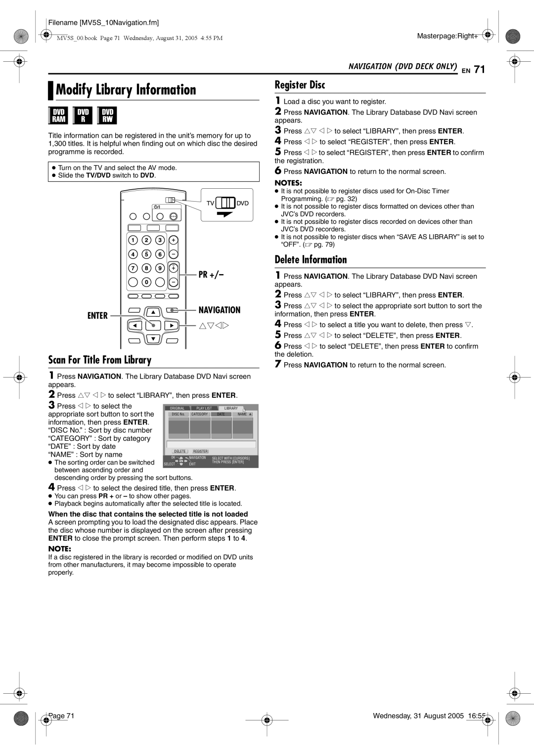 JVC DR-MV5BE manual Modify Library Information, Scan For Title From Library, Register Disc, Delete Information 