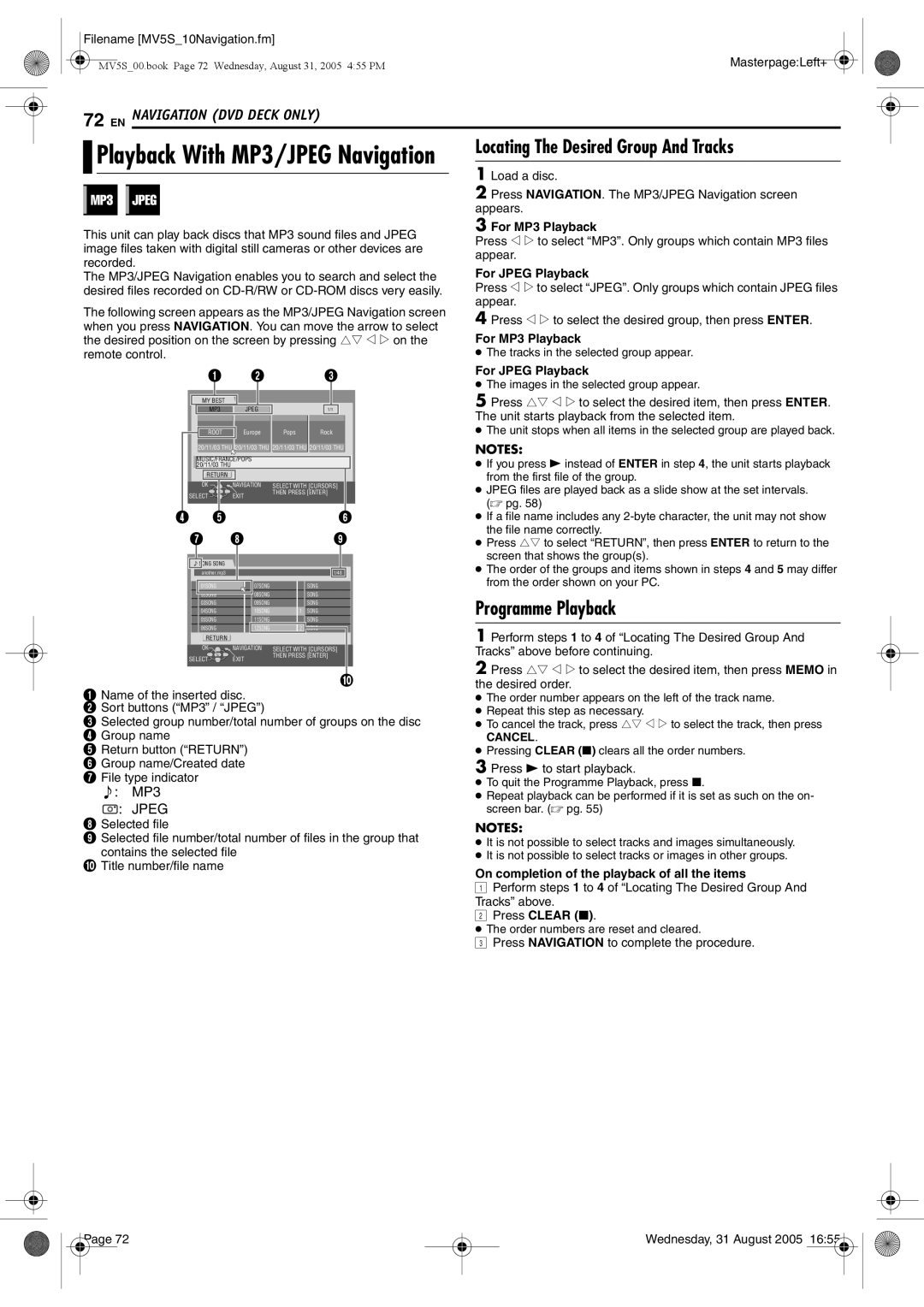 JVC DR-MV5BE manual Locating The Desired Group And Tracks, For MP3 Playback, For Jpeg Playback, Press Clear 