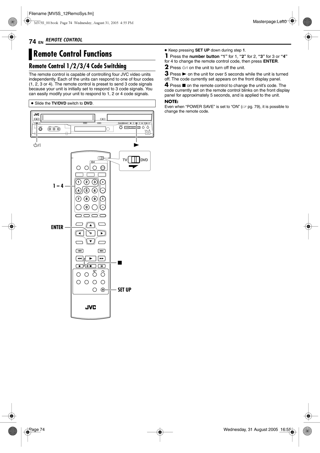 JVC DR-MV5BE manual Remote Control Functions, Remote Control 1/2/3/4 Code Switching, Enter SET UP 