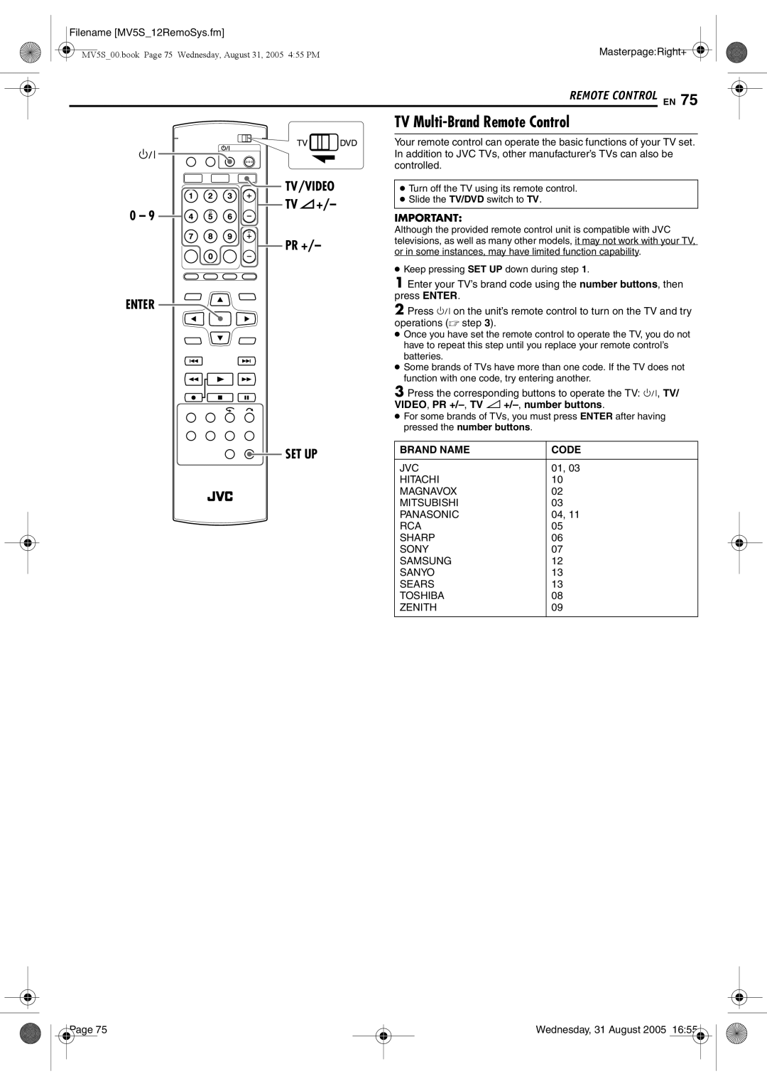 JVC DR-MV5BE manual TV Multi-Brand Remote Control, Brand Name Code 