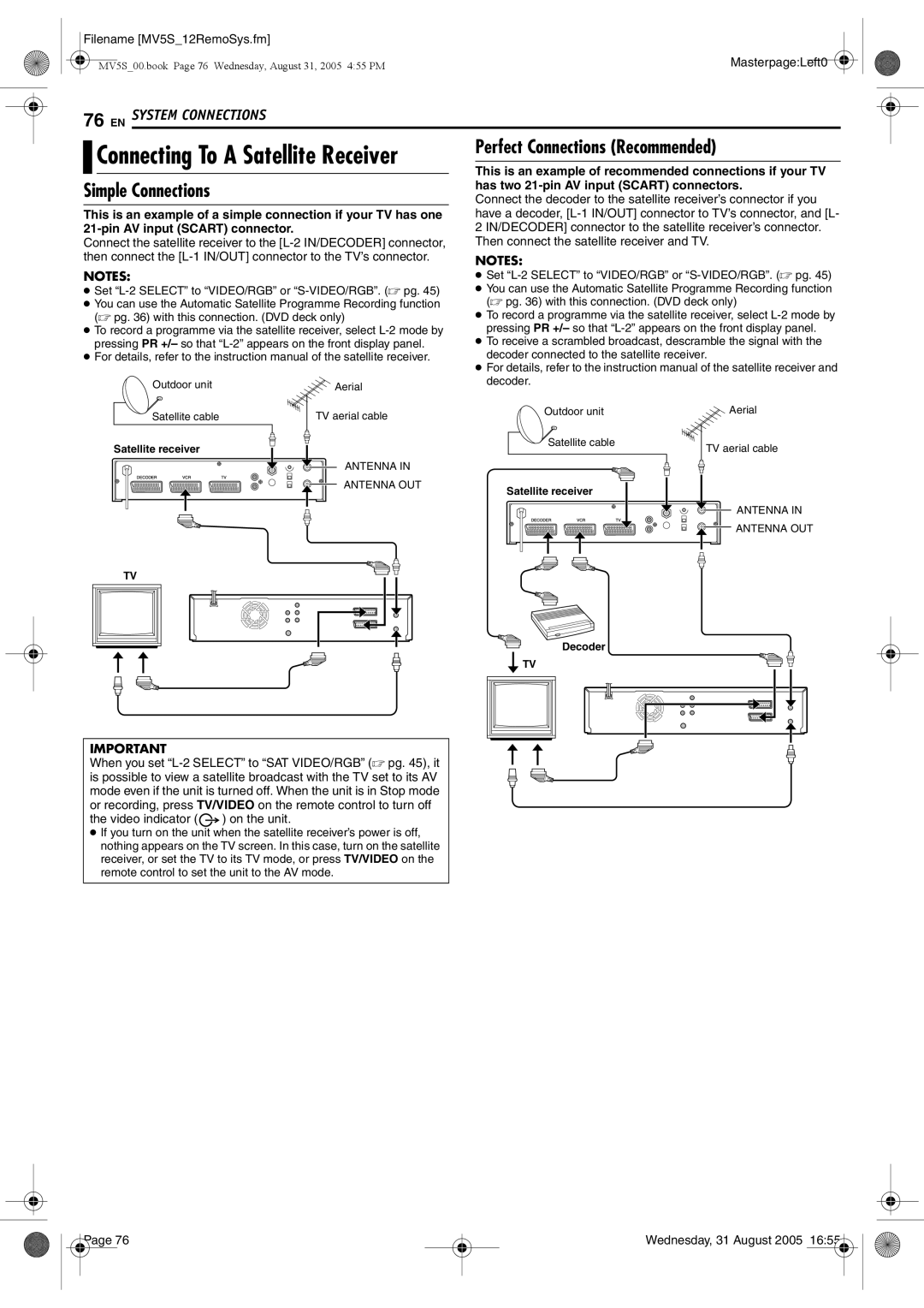 JVC DR-MV5BE manual Perfect Connections Recommended, Simple Connections, Has two 21-pin AV input Scart connectors 