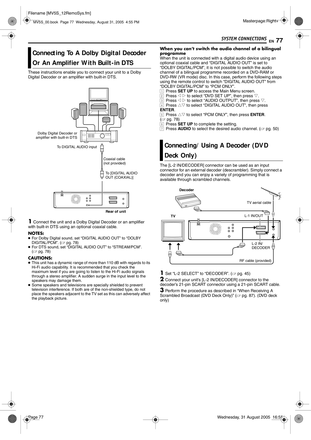 JVC DR-MV5BE Connecting/Using a Decoder DVD Deck Only, When you can’t switch the audio channel of a bilingual, Programme 