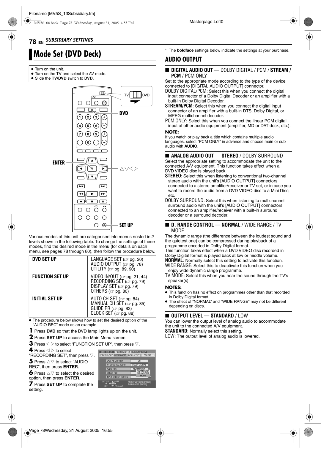 JVC DR-MV5BE manual Mode Set DVD Deck, DVD Digital Audio OUT Dolby Digital / PCM / Stream 