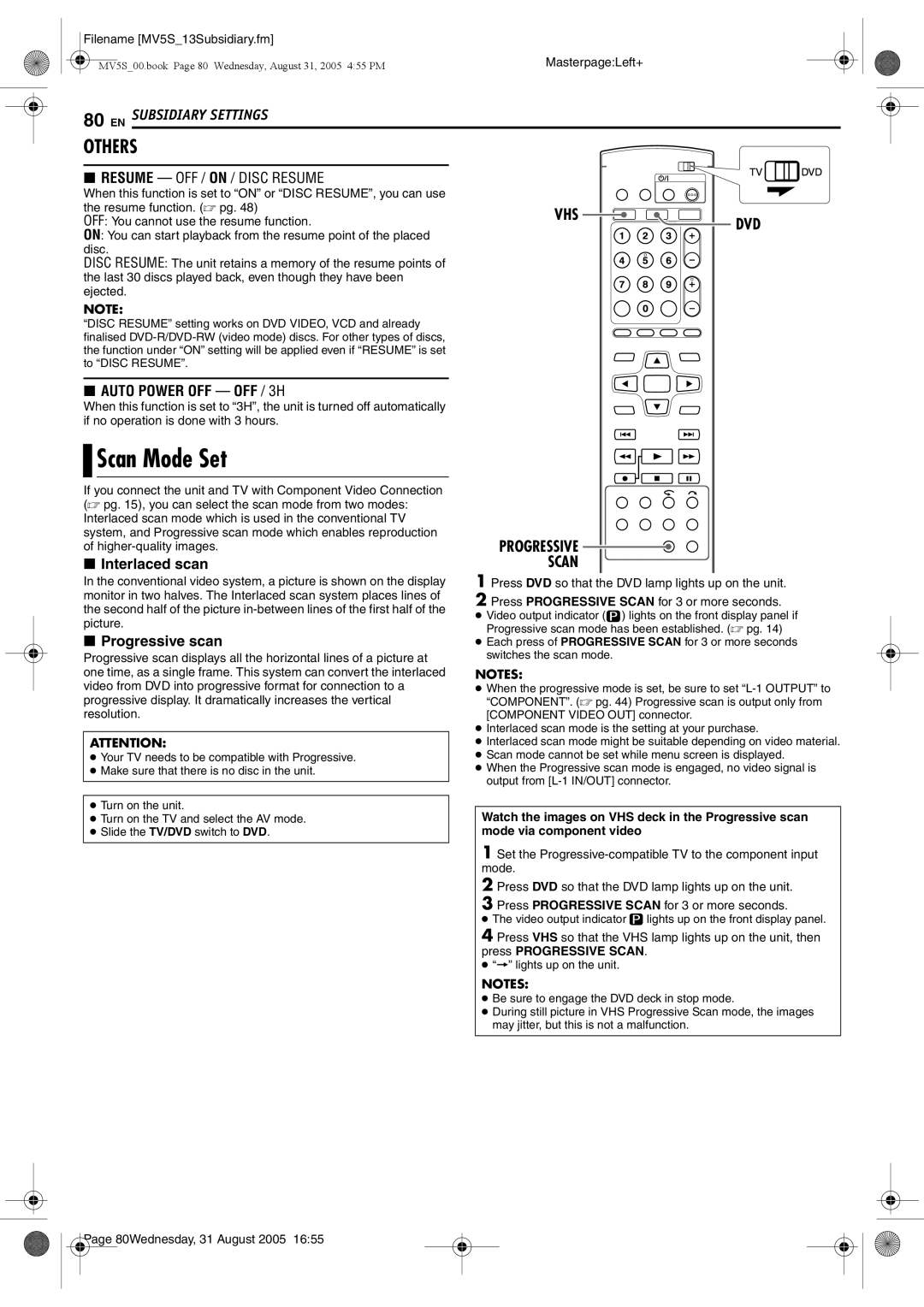 JVC DR-MV5BE manual Scan Mode Set, OFF You cannot use the resume function 