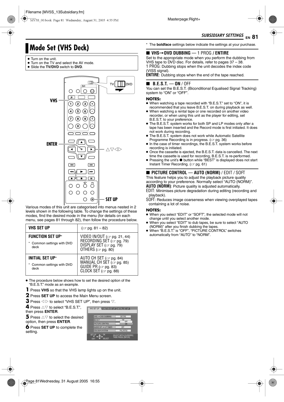 JVC DR-MV5BE manual Mode Set VHS Deck, VHS Enter, Then press Enter Press rt to select the desired 