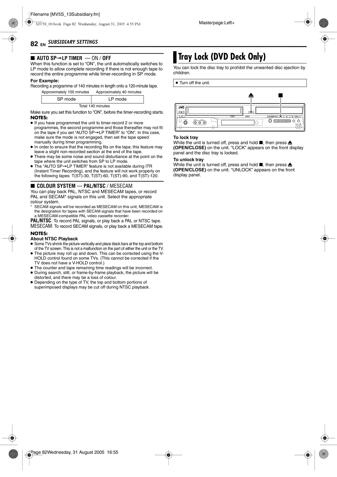 JVC DR-MV5BE manual Tray Lock DVD Deck Only, For Example, To lock tray, To unlock tray, About Ntsc Playback 