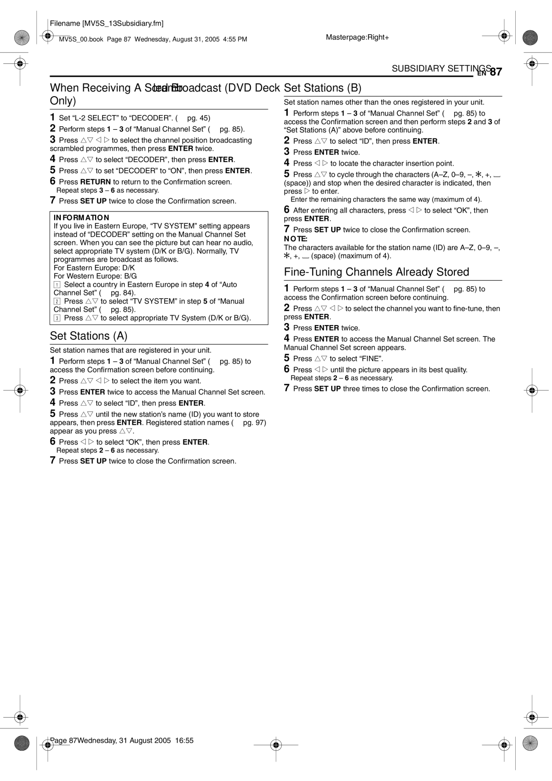 JVC DR-MV5BE manual When Receiving a Scrambled Broadcast DVD Deck Only, Set Stations a, Set Stations B 