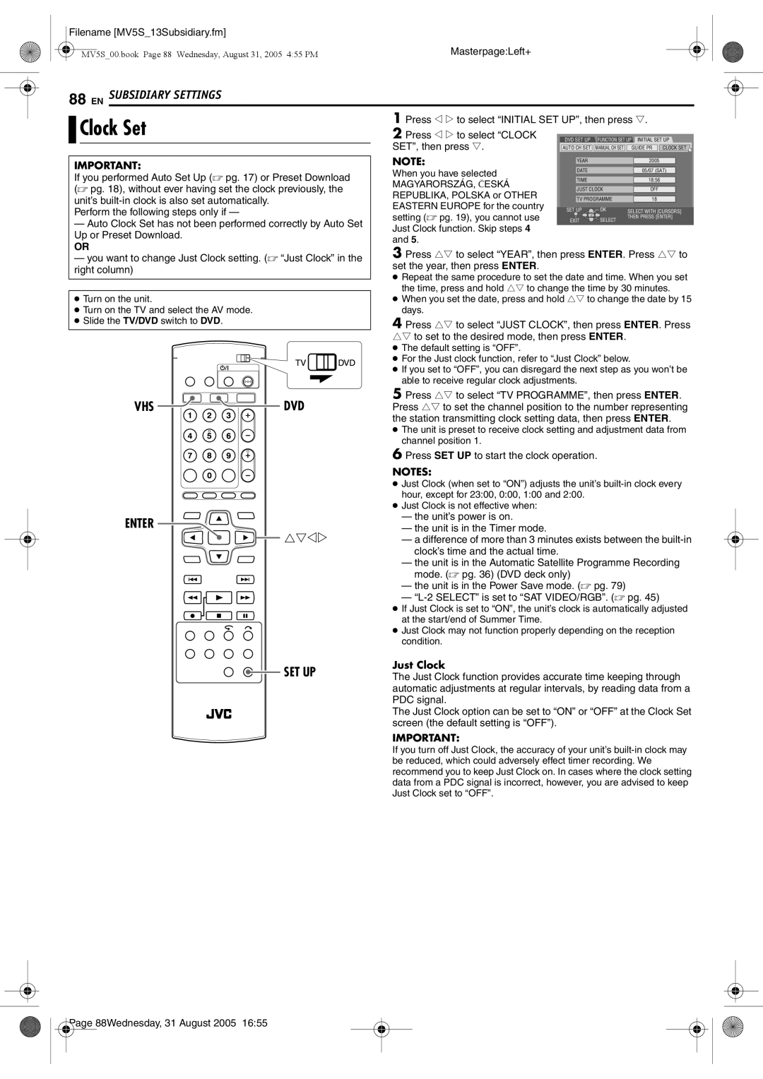 JVC DR-MV5BE manual Clock Set, Press w e to select Clock, Press SET UP to start the clock operation, Just Clock 