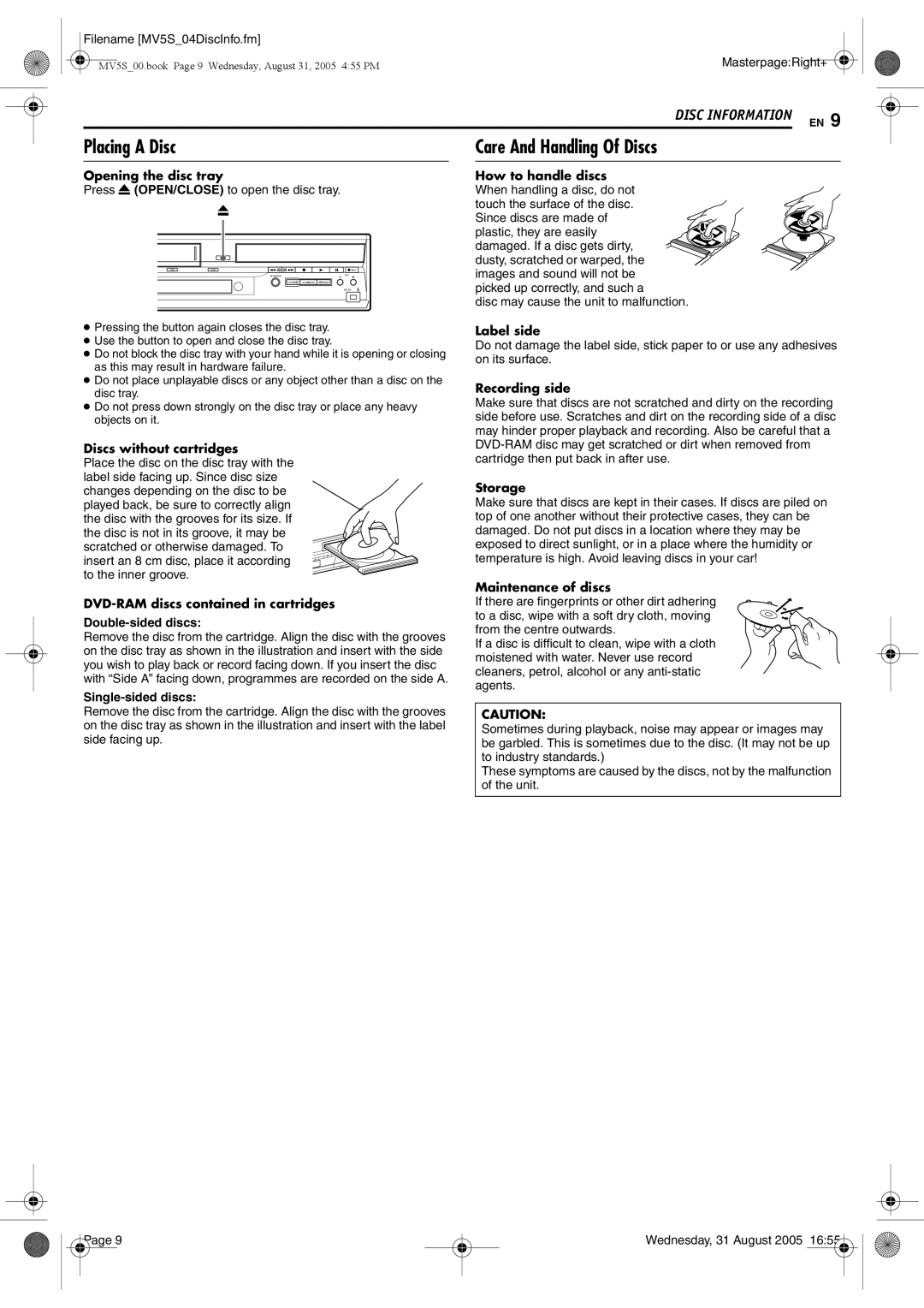 JVC DR-MV5BE manual Placing a Disc, Care And Handling Of Discs 