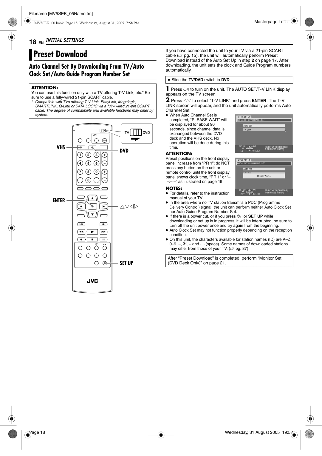 JVC DR-MV5BEK, DR-MV5SEK manual Preset Download, Cable  pg , the unit will automatically perform Preset 