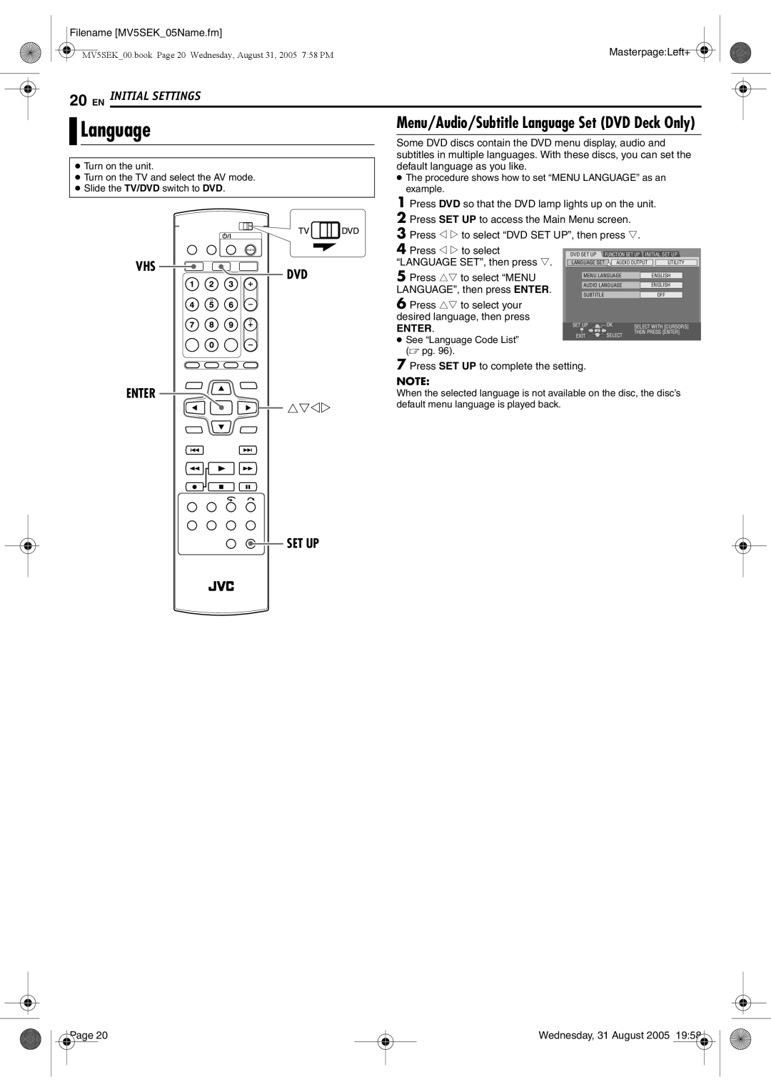 JVC DR-MV5BEK, DR-MV5SEK manual Language 