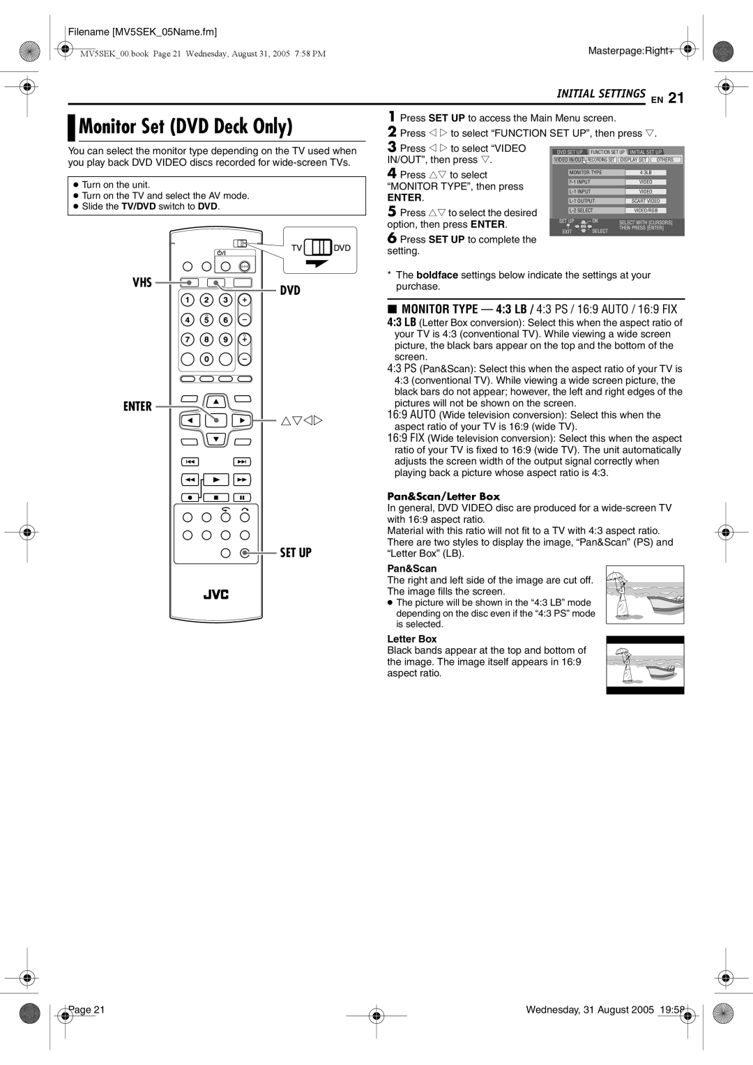 JVC DR-MV5SEK, DR-MV5BEK manual Monitor Set DVD Deck Only, VHS DVD Enter SET UP, Pan&Scan/Letter Box 