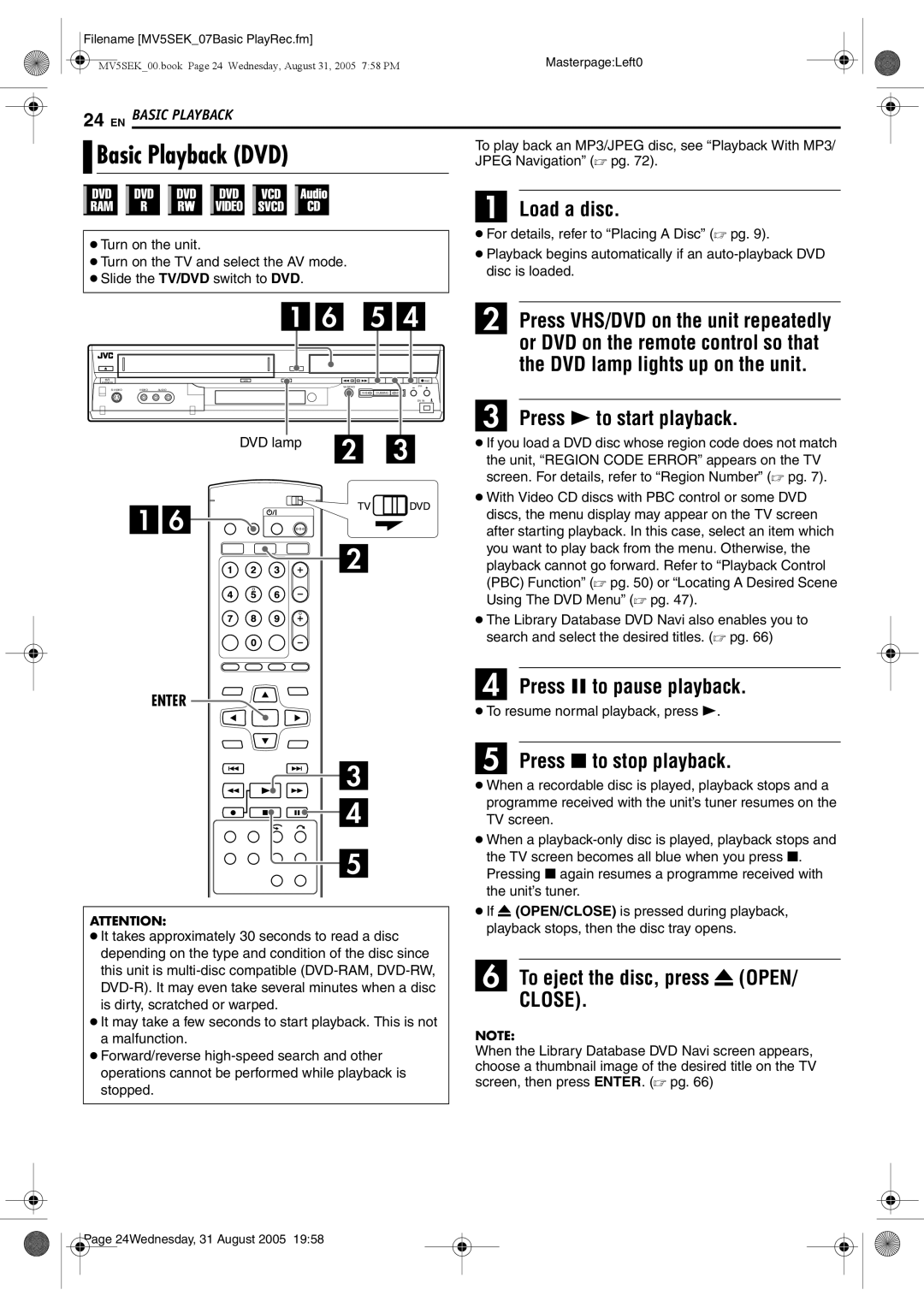 JVC DR-MV5BEK Basic Playback DVD, Filename MV5SEK07Basic PlayRec.fm, To play back an MP3/JPEG disc, see Playback With MP3 