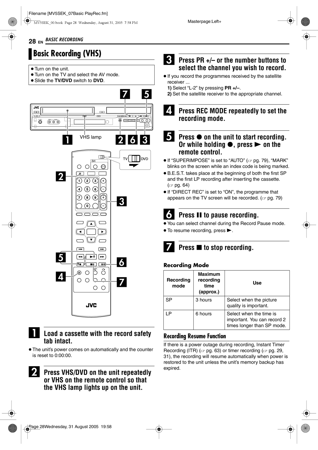 JVC DR-MV5BEK, DR-MV5SEK manual Basic Recording VHS, Maximum Recording Use Mode Time Approx 