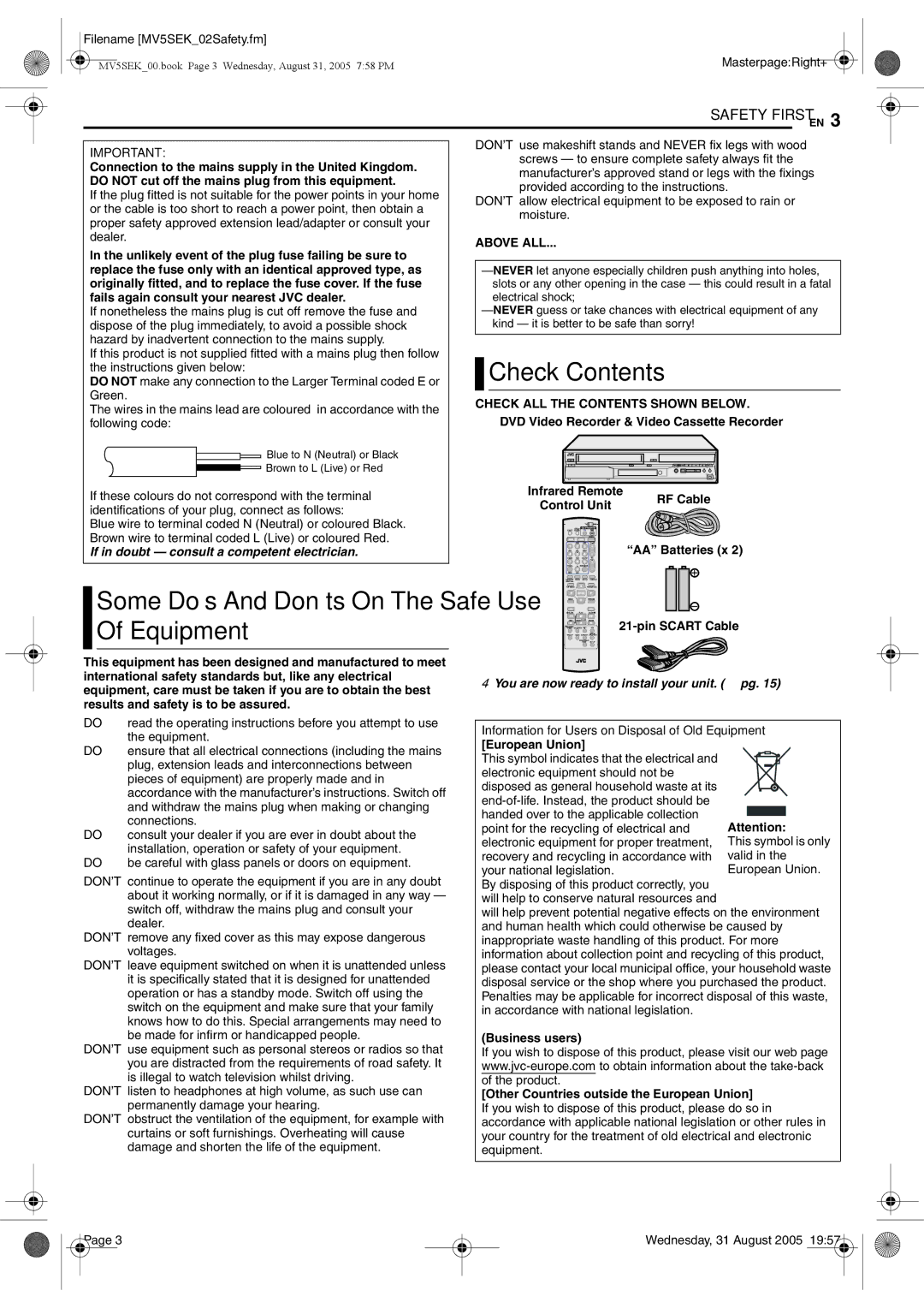 JVC DR-MV5SEK, DR-MV5BEK manual Check Contents, Equipment 