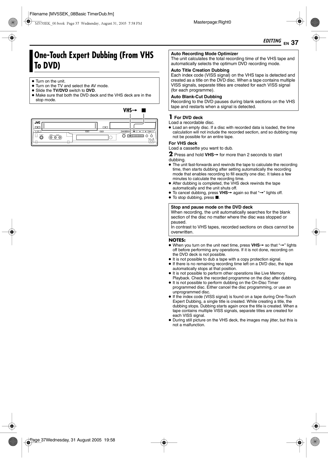 JVC DR-MV5SEK, DR-MV5BEK manual To DVD, Auto Recording Mode Optimizer, Auto Title Creation Dubbing, Auto Blank-Cut Dubbing 