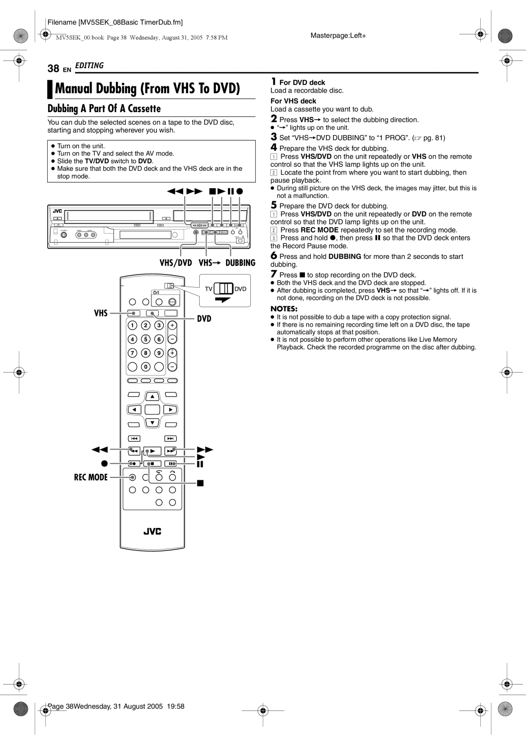 JVC DR-MV5BEK, DR-MV5SEK manual Dubbing a Part Of a Cassette, VHS/DVD VHS Dubbing 