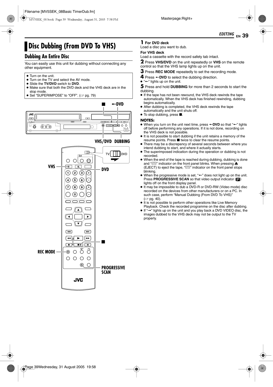 JVC DR-MV5SEK, DR-MV5BEK manual Dubbing An Entire Disc, VHS/DVD Dubbing, REC Mode Progressive Scan 