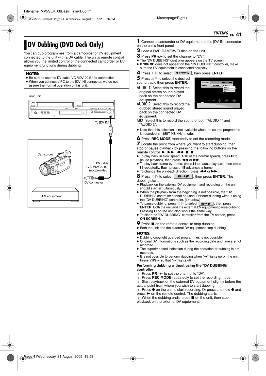 JVC DR-MV5SEK, DR-MV5BEK manual DV Dubbing DVD Deck Only, Performing dubbing without using the DV Dubbing controller 